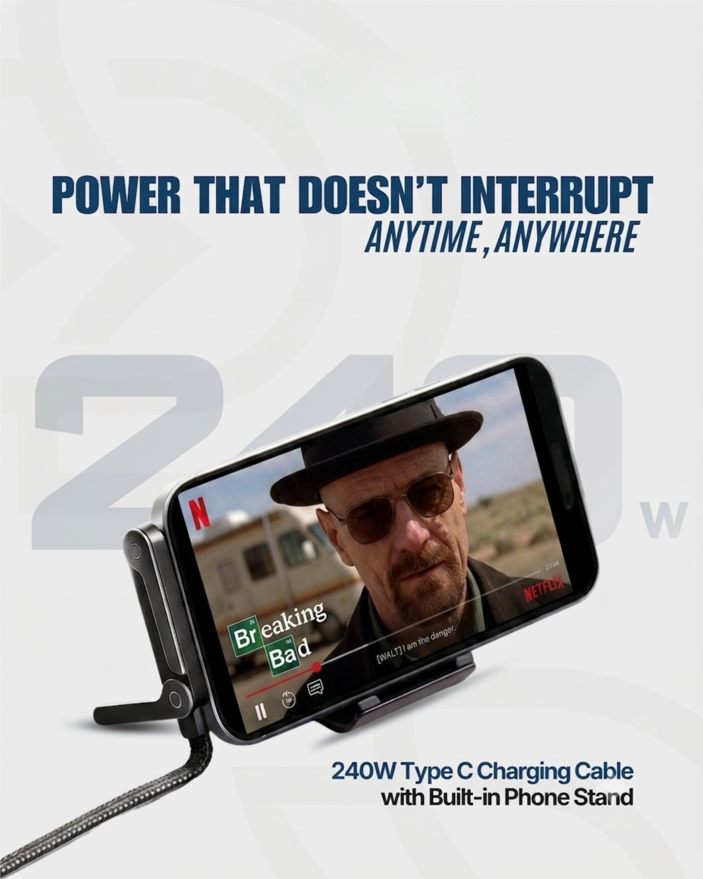 240W Type C Charging Cable with Built-in Phone Stand